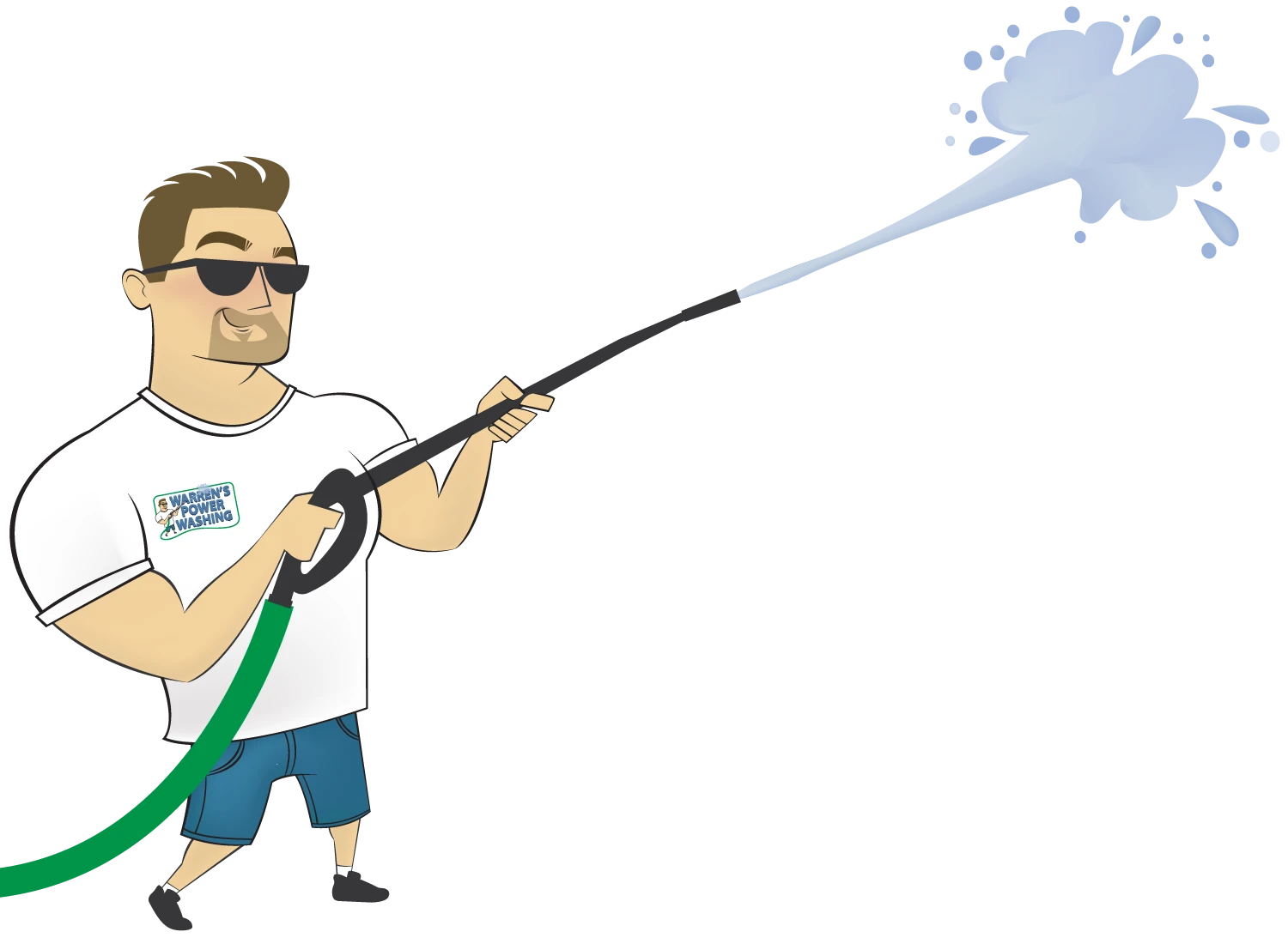 Cartoon man power washing with hose.